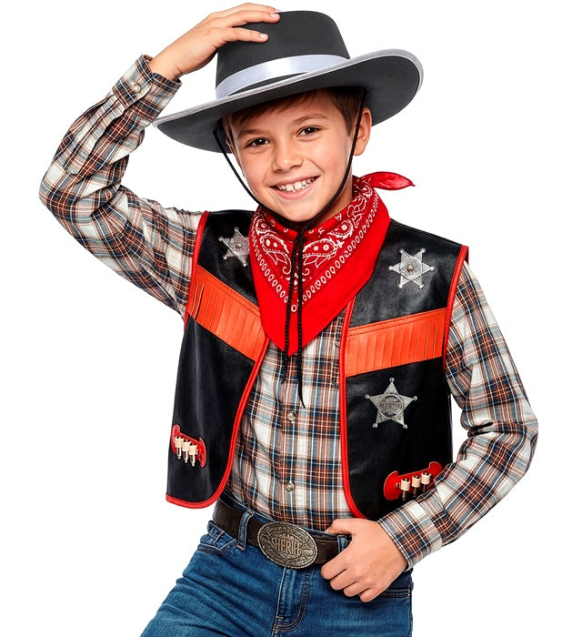 Kinder Cowboy-Kostüm mit Weste, Hut, Bandana und Sheriffstern