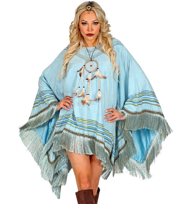 Hellblauer Poncho in Wildlederoptik für Fasnacht und Mottoparty