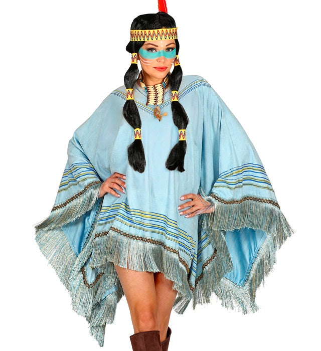 Hellblauer Poncho in Wildlederoptik für Fasnacht und Mottoparty