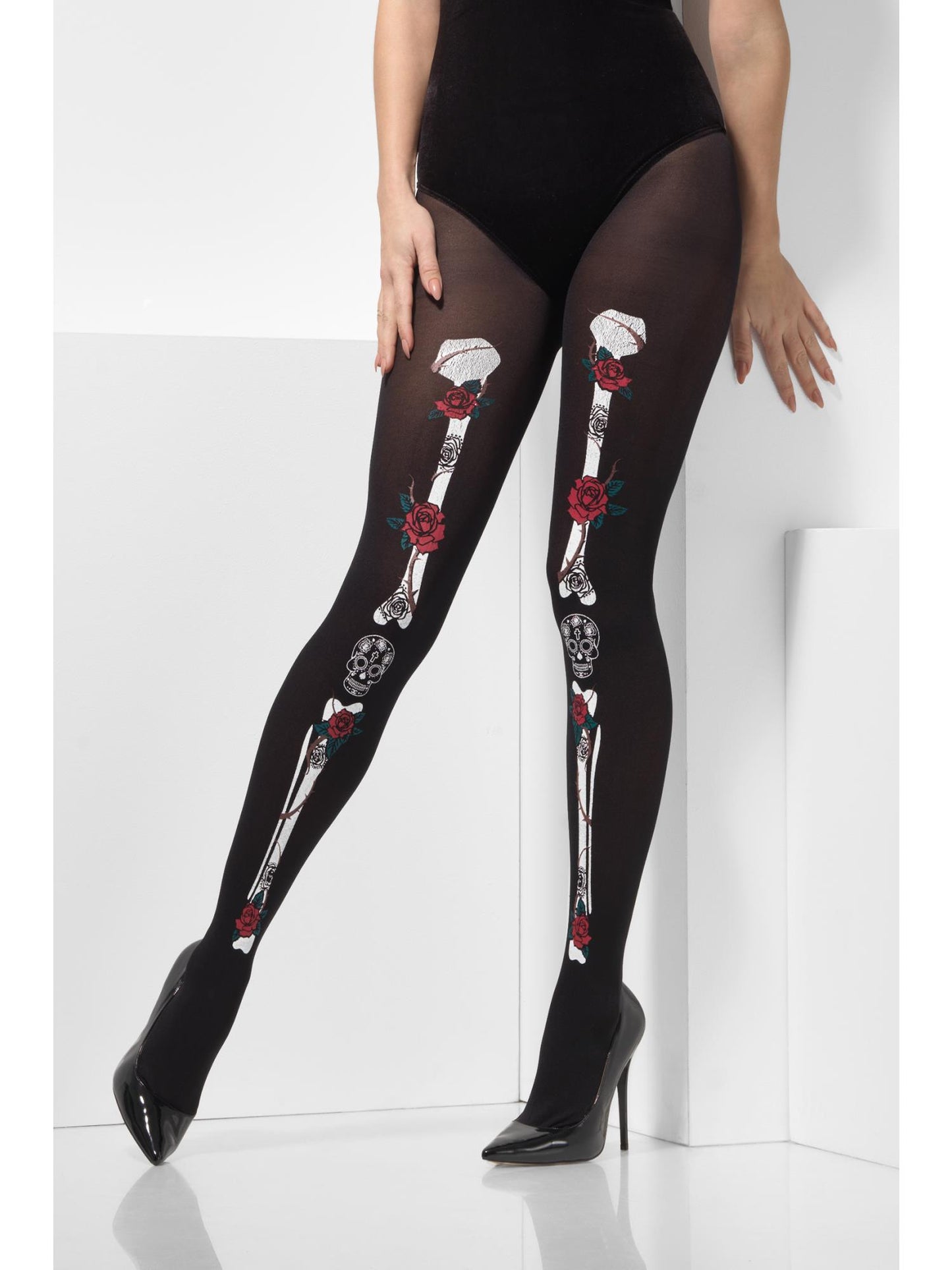 Smiffys DAYDEAD Opaque Day of the Dead Tights, Black für Damen