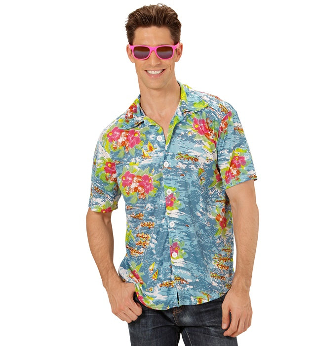 Hellblaues Hawaii Hemd mit tropischem Muster für Fasnacht und Mottoparty