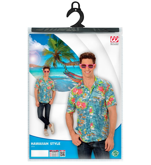 Hellblaues Hawaii Hemd mit tropischem Muster für Fasnacht und Mottoparty