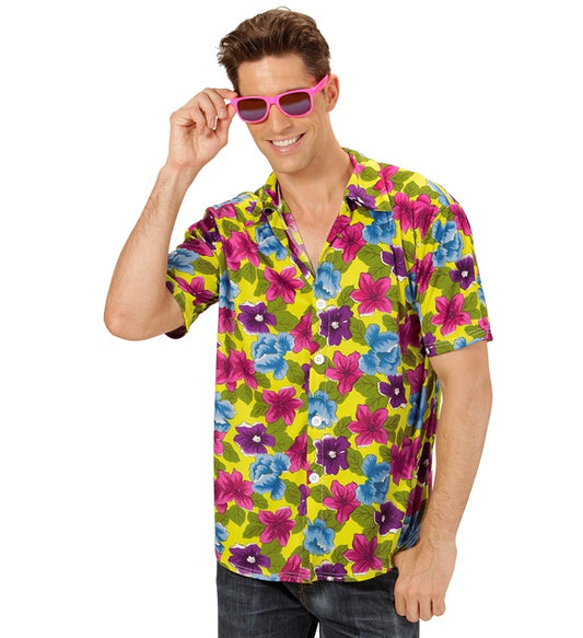 Gelbes Hawaii Hemd mit tropischem Muster für Fasnacht und Karneval