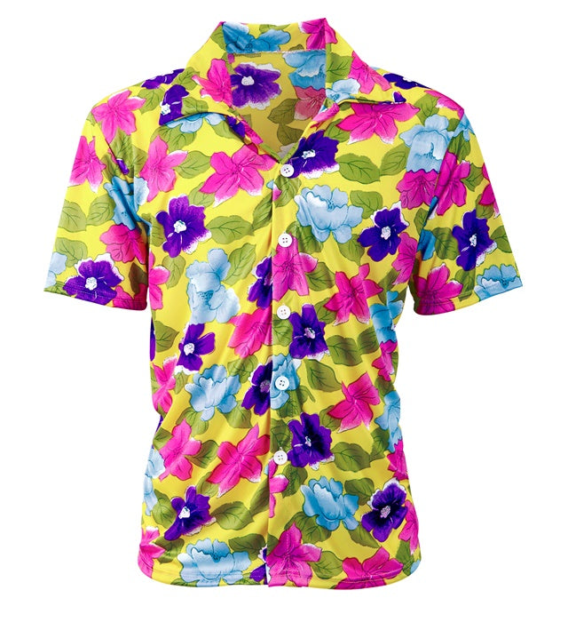 Gelbes Hawaii Hemd mit tropischem Muster für Fasnacht und Karneval