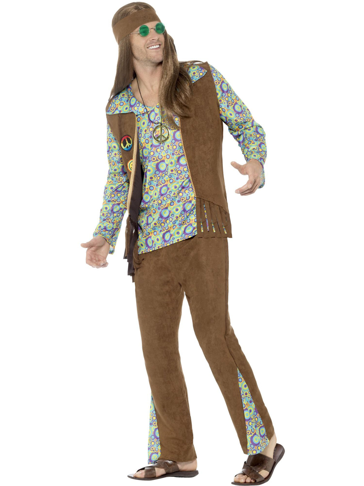 Smiffys Hippie-Kostüm für Herren aus den 1960er-Jahren mit Hose, Oberteil und Weste – Seitenansicht