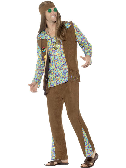 Smiffys Hippie-Kostüm für Herren aus den 1960er-Jahren mit Hose, Oberteil und Weste – Seitenansicht
