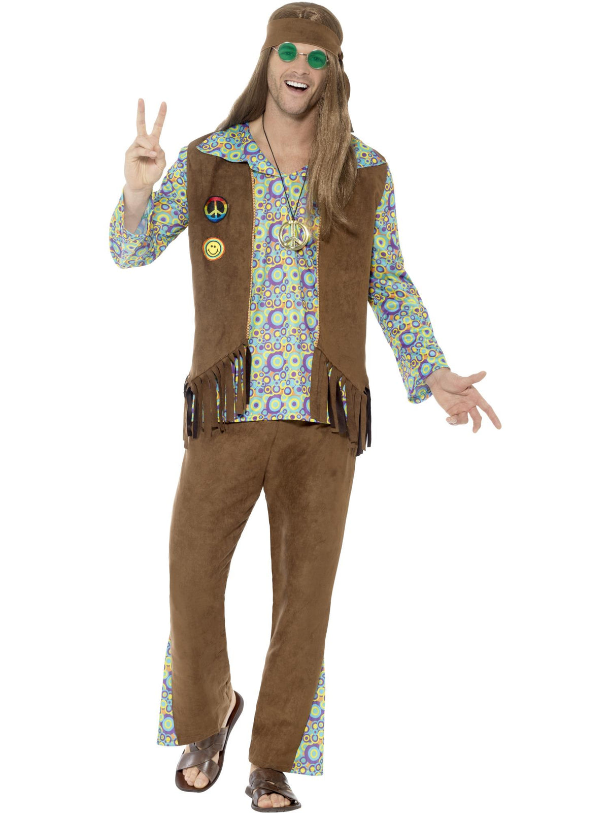 Smiffys Hippie-Kostüm für Herren aus den 1960er-Jahren mit Hose, Oberteil und Weste – Produktansicht