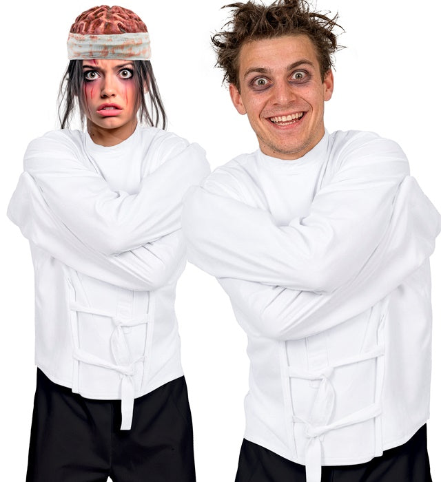 Zwangsjacke Kostüm für Halloween und Fasnacht auf weißem Hintergrund