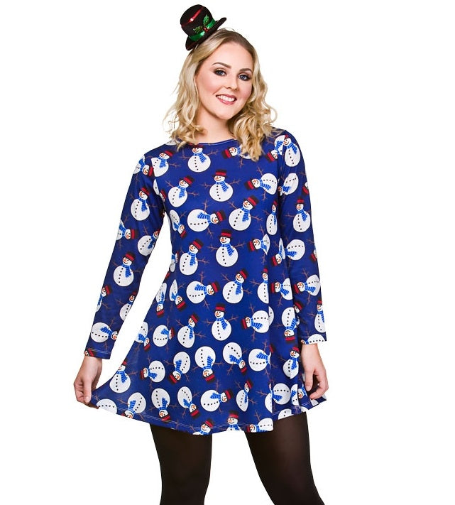 Weihnachts Kleid mit Schneemann Druck in Blau