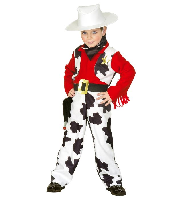 Cowboy-Kostüm mit Weste, Gürtel, Halstuch und Cowboy-Hut auf weißem Hintergrund