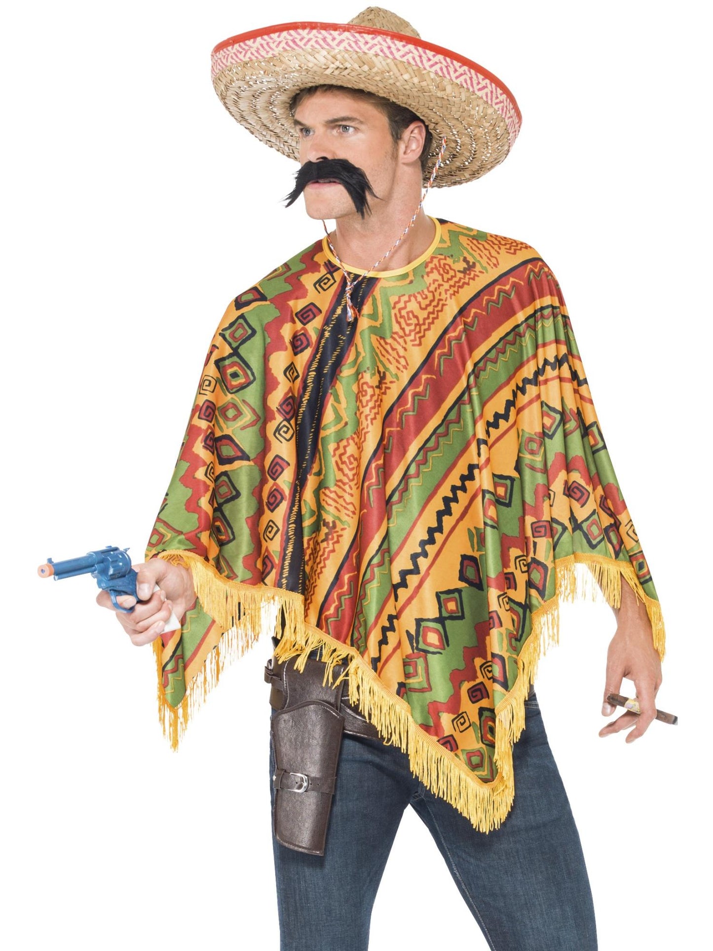 Smiffys WESTERN Poncho & Moustache, Orange CS für Herren