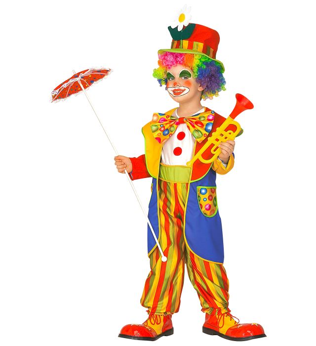 Clown-Kostüm mit bunter Jacke, roter Fliege und lustigem Hut für Fasnacht