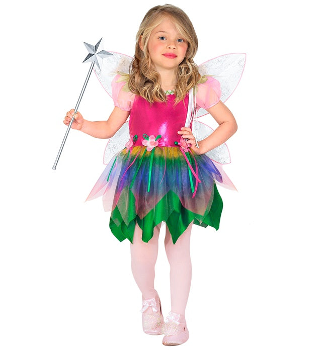 Kinderkostüm Regenbogenfee mit buntem Kleid und Flügeln für Fasnacht