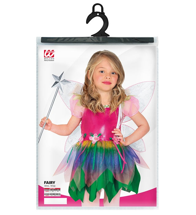 Kinderkostüm Regenbogenfee mit buntem Kleid und Flügeln für Fasnacht