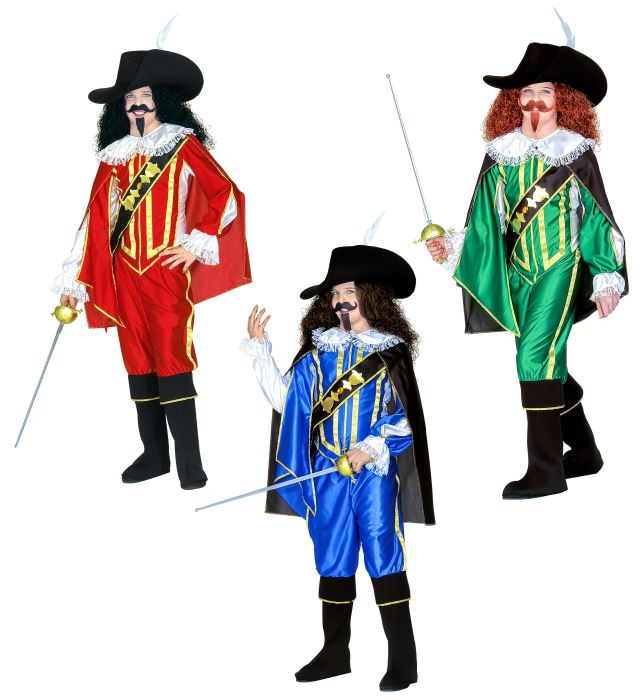 Musketier-Kostüm bestehend aus Hemd, Mantel, Hose, Überstiefeln, Umhang und Hut in drei Farben