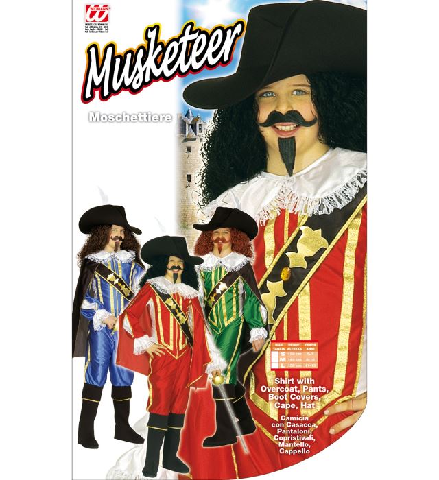 Musketier-Kostüm bestehend aus Hemd, Mantel, Hose, Überstiefeln, Umhang und Hut in drei Farben