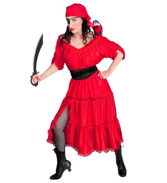 Karaibisches Piratenfrauen-Kostüm mit Kleid, Gürtel, Bandana und Augenklappe