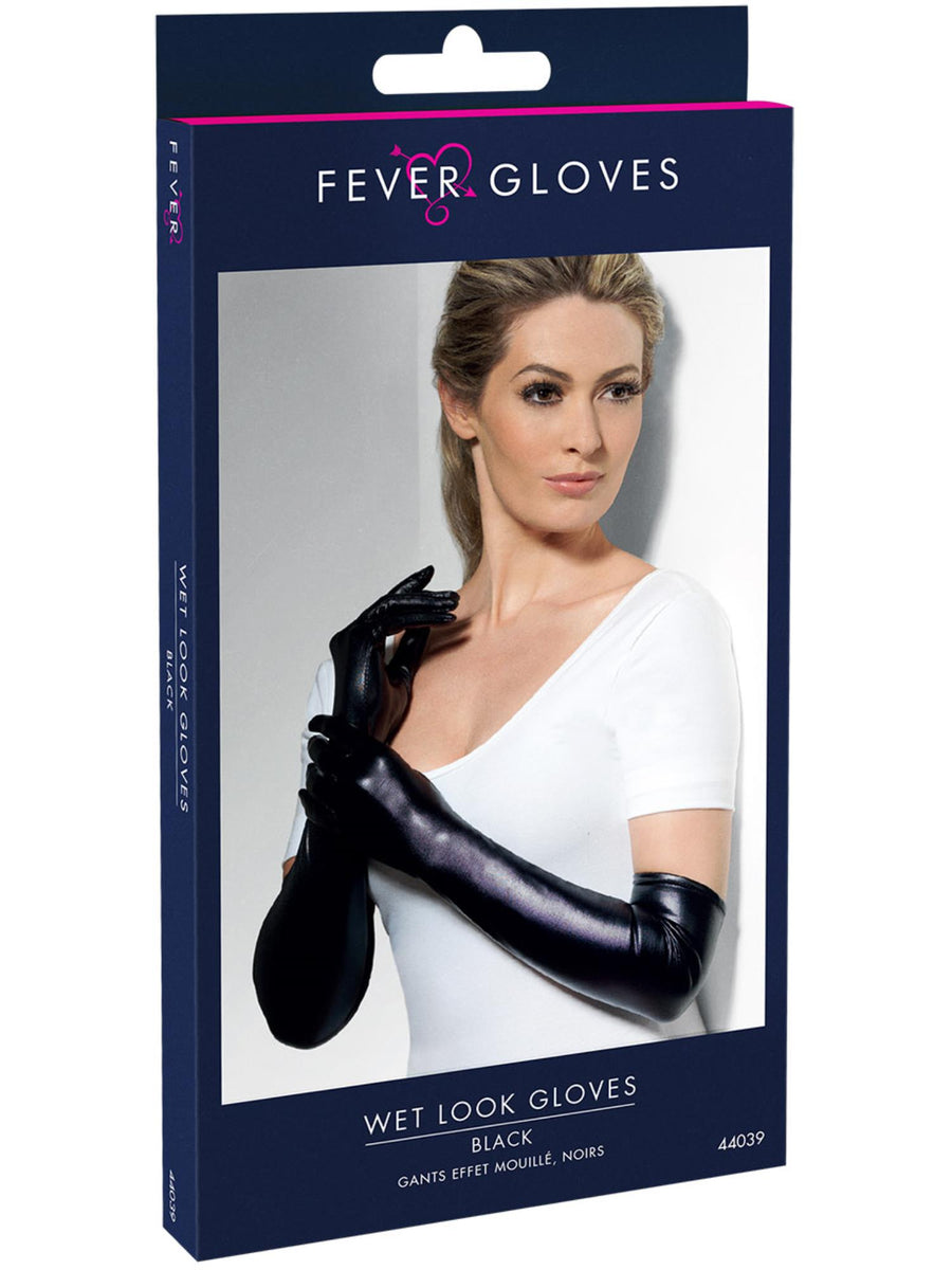 Smiffys FEVER Gloves, Wet Look, Black für Damen