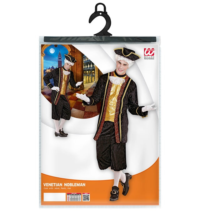 Venezianisches Adligenkostüm mit Jabot, Hose und Hut auf weißem Hintergrund
