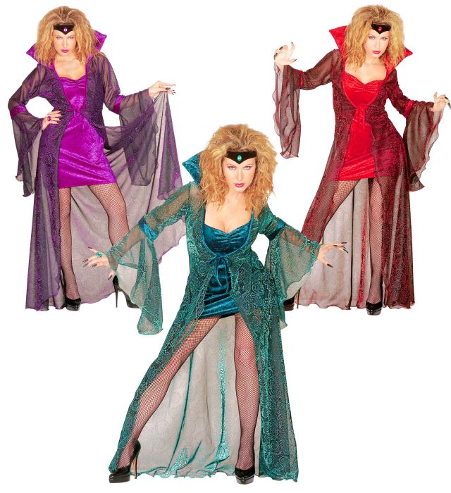 Mystic Mistress Kostümset mit Kleid, Überzieher und Edelstein-Stirnband in verschiedenen Farben