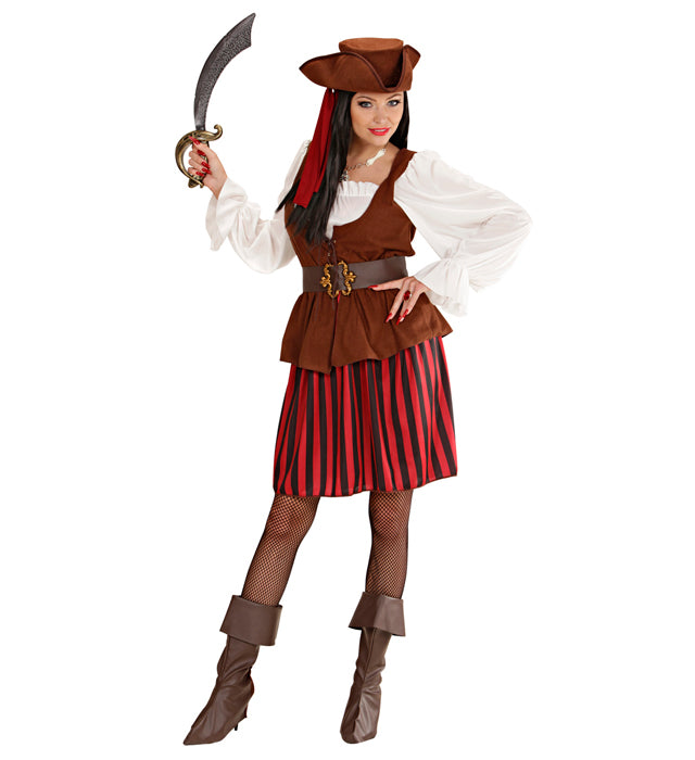 Piratin Kostüm-Set mit Kleid, Weste, Gürtel, Stiefelüberzieher, Stirnband und Piratenhut
