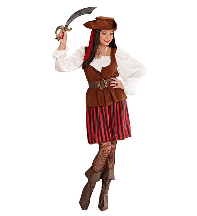 Piratin Kostüm-Set mit Kleid, Weste, Gürtel, Stiefelüberzieher, Stirnband und Piratenhut