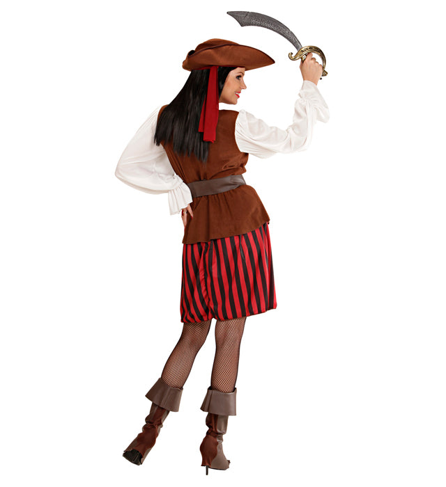 Piratin Kostüm-Set mit Kleid, Weste, Gürtel, Stiefelüberzieher, Stirnband und Piratenhut