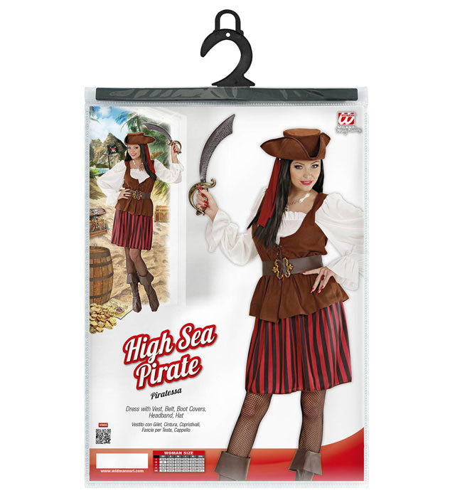 Piratin Kostüm-Set mit Kleid, Weste, Gürtel, Stiefelüberzieher, Stirnband und Piratenhut