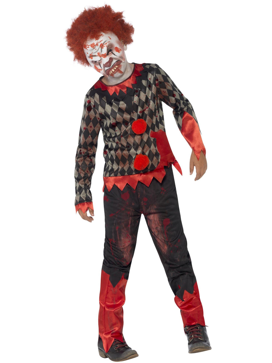 Smiffys Zombie Clown Kostüm für Kinder in Rot-Grün mit Latexmaske, Top und Hose – Produktansicht