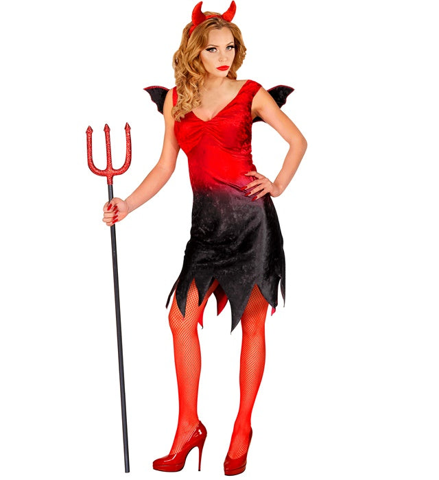 Teufelin-Kostüm mit schwarzem Kleid, Teufelshörnern und Flügeln