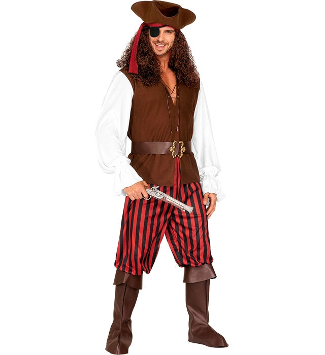 Piratenkostüm mit Hemd, Weste, Hose, Gürtel, Stiefelüberziehern, Stirnband, Hut und Augenklappe