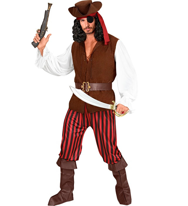 Piratenkostüm mit Hemd, Weste, Hose, Gürtel, Stiefelüberziehern, Stirnband, Hut und Augenklappe