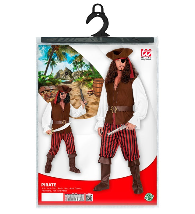 Piratenkostüm mit Hemd, Weste, Hose, Gürtel, Stiefelüberziehern, Stirnband, Hut und Augenklappe