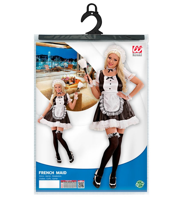 French Maid Kostüm Set mit Kleid, Schürze, Kopfbedeckung und Accessoires