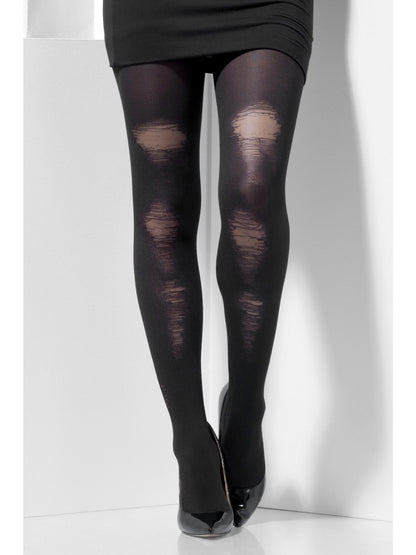 Smiffys Opaque Tights schwarze blickdichte Damen-Strumpfhose mit Distressed Detail – Produktansicht