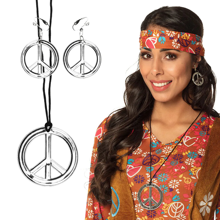 Boland Halskette und Ohrringe Peace Zeichen an Kordel – Produktansicht