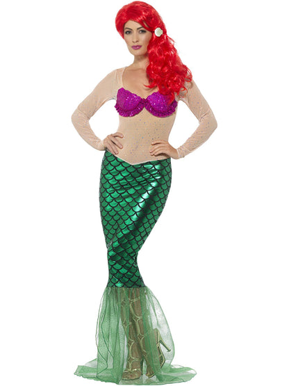 Smiffys grünes Mermaid-Kostüm für Damen mit Paillettenkleid und Haarclip – Produktansicht