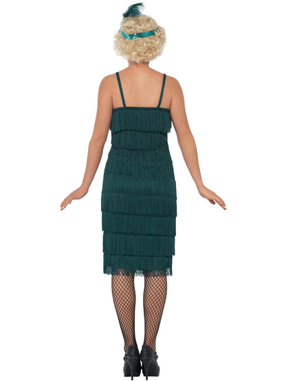 Smiffys grünes Flapper-Kostüm für Damen mit langem Kleid, Stirnband und Handschuhen – Detailansicht