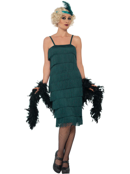 Smiffys grünes Flapper-Kostüm für Damen mit langem Kleid, Stirnband und Handschuhen – Produktansicht