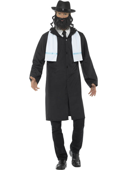 Smiffys schwarzes Rabbi-Kostüm für Herren mit Jacke, Schal, Hut und falschem Bart – Produktansicht