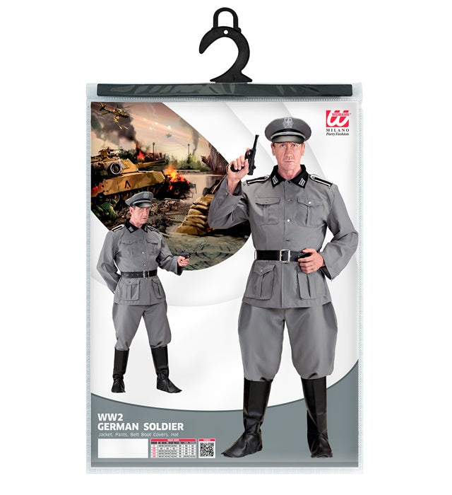 Historisches Soldatenkostüm mit Jacke, Hose, Gürtel, Stiefelüberziehern und Hut