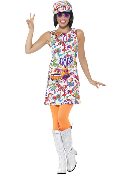 Smiffys 1960s Groovy Chick Kostüm für Damen mit Kleid und Hut – Produktansicht