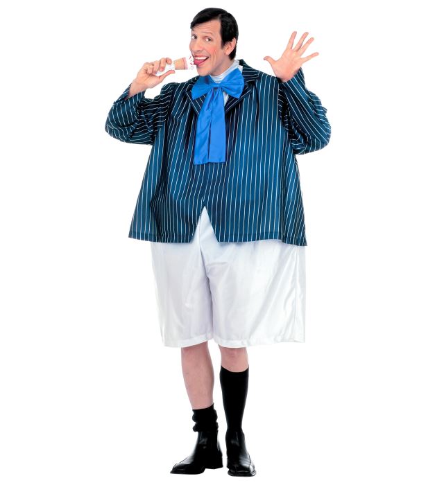Dicker Schüler Kostüm mit voluminöser Reifhose, Jacke und großer Fliege für Fasnacht