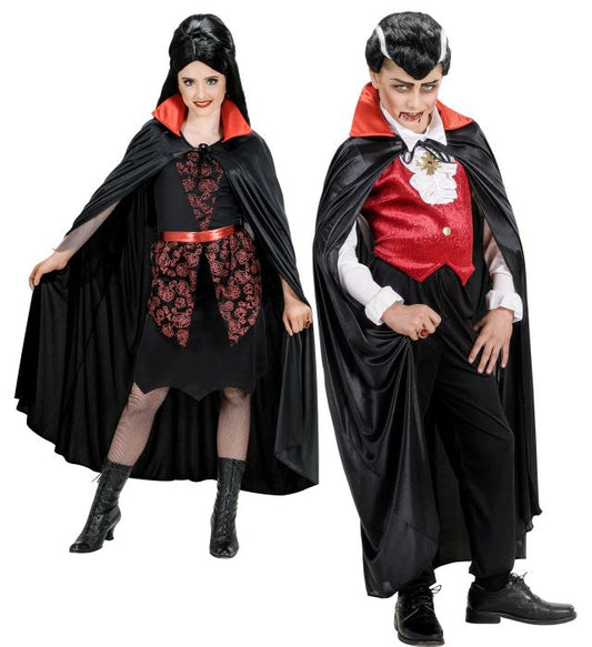 Schwarzer Kinderumhang mit rotem Satin-Kragen, passend für Fasnacht und Halloween