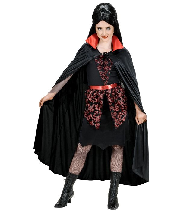 Schwarzer Kinderumhang mit rotem Satin-Kragen, passend für Fasnacht und Halloween