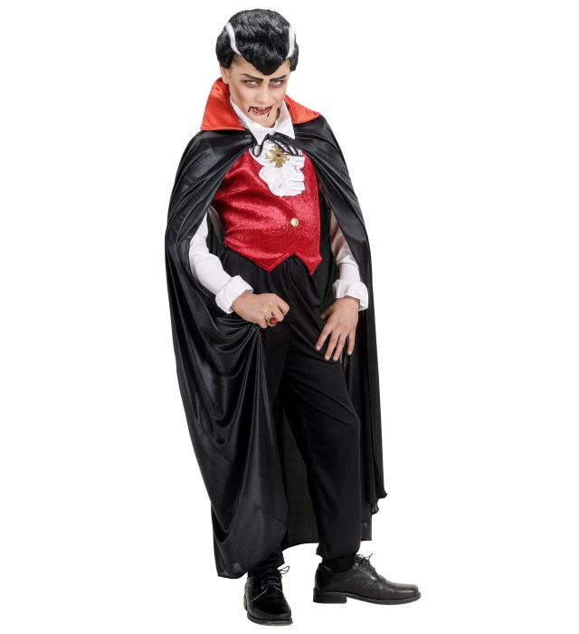 Schwarzer Kinderumhang mit rotem Satin-Kragen, passend für Fasnacht und Halloween