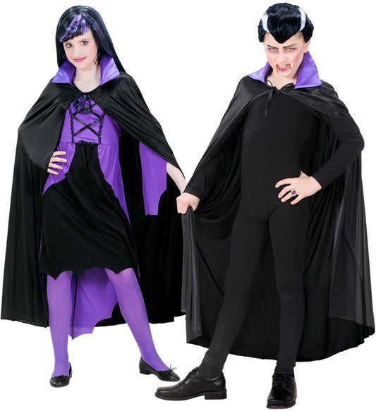 Schwarzer Kinder-Umhang mit lila Satin-Kragen, Länge 110 cm, Kostümzubehör für Fasnacht und Halloween