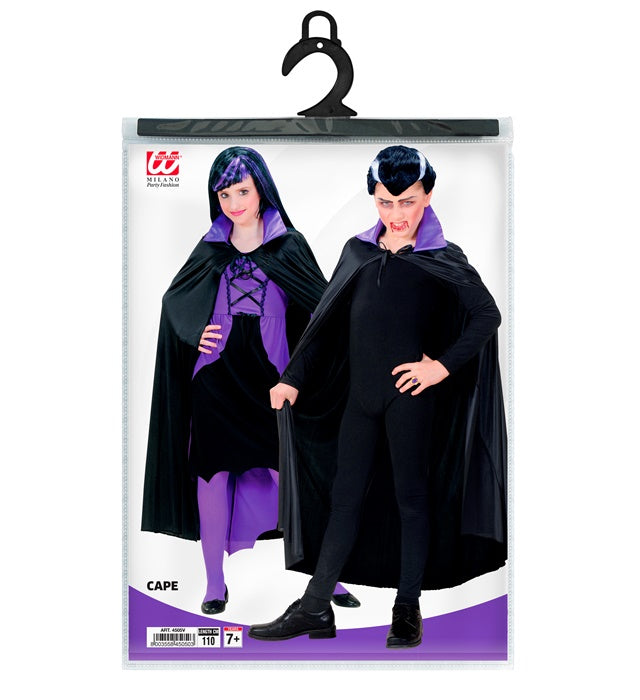 Schwarzer Kinder-Umhang mit lila Satin-Kragen, Länge 110 cm, Kostümzubehör für Fasnacht und Halloween