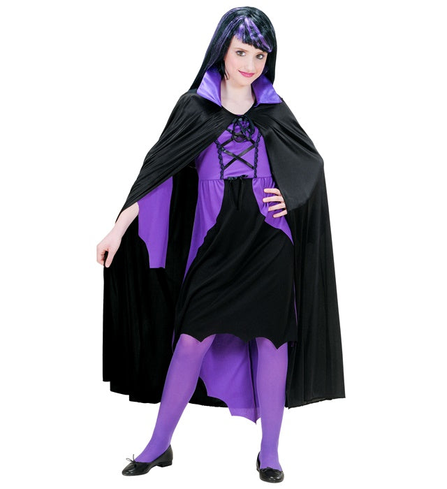 Schwarzer Kinder-Umhang mit lila Satin-Kragen, Länge 110 cm, Kostümzubehör für Fasnacht und Halloween