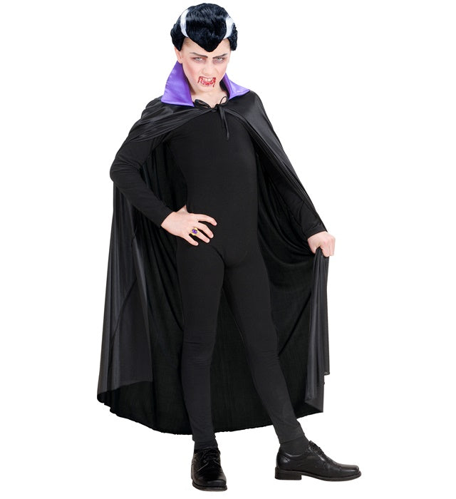 Schwarzer Kinder-Umhang mit lila Satin-Kragen, Länge 110 cm, Kostümzubehör für Fasnacht und Halloween